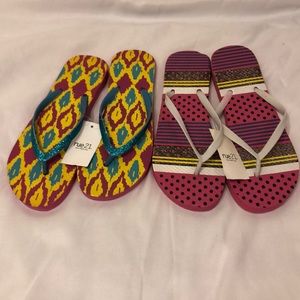 Two pairs of multi colored flip flops